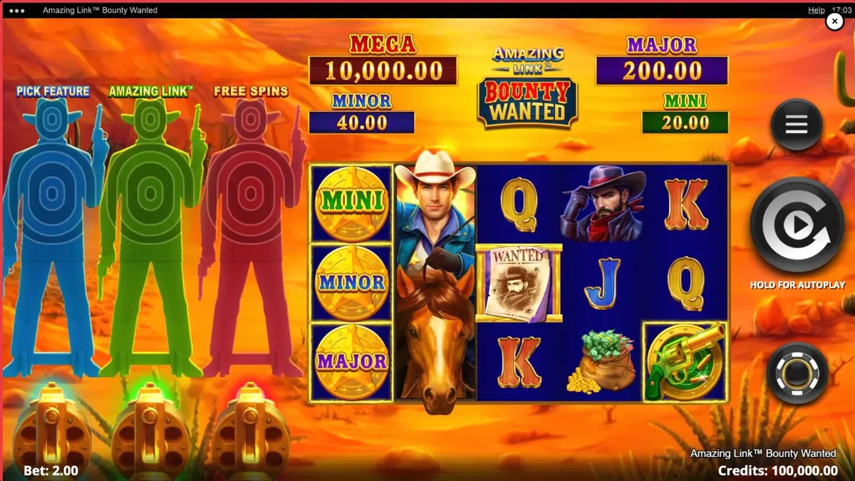 Interface do jogo Amazing Link Bounty Wanted com tema de Velho Oeste e elementos de neon.