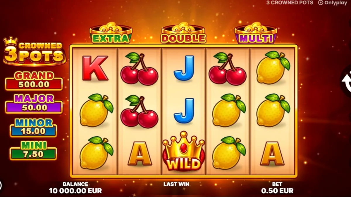 Interface vibrante do jogo 3 Crowned Pots com símbolos de frutas e potes dourados