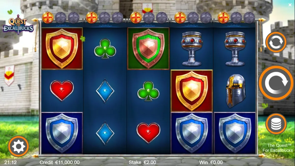 Interface do jogo The Quest for Excalibucks com tema medieval e cavaleiros.