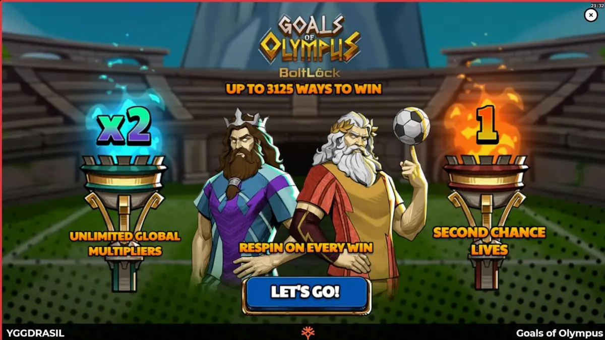 Interface de jogo do slot Goals of Olympus BoltLock com Zeus e elementos de futebol