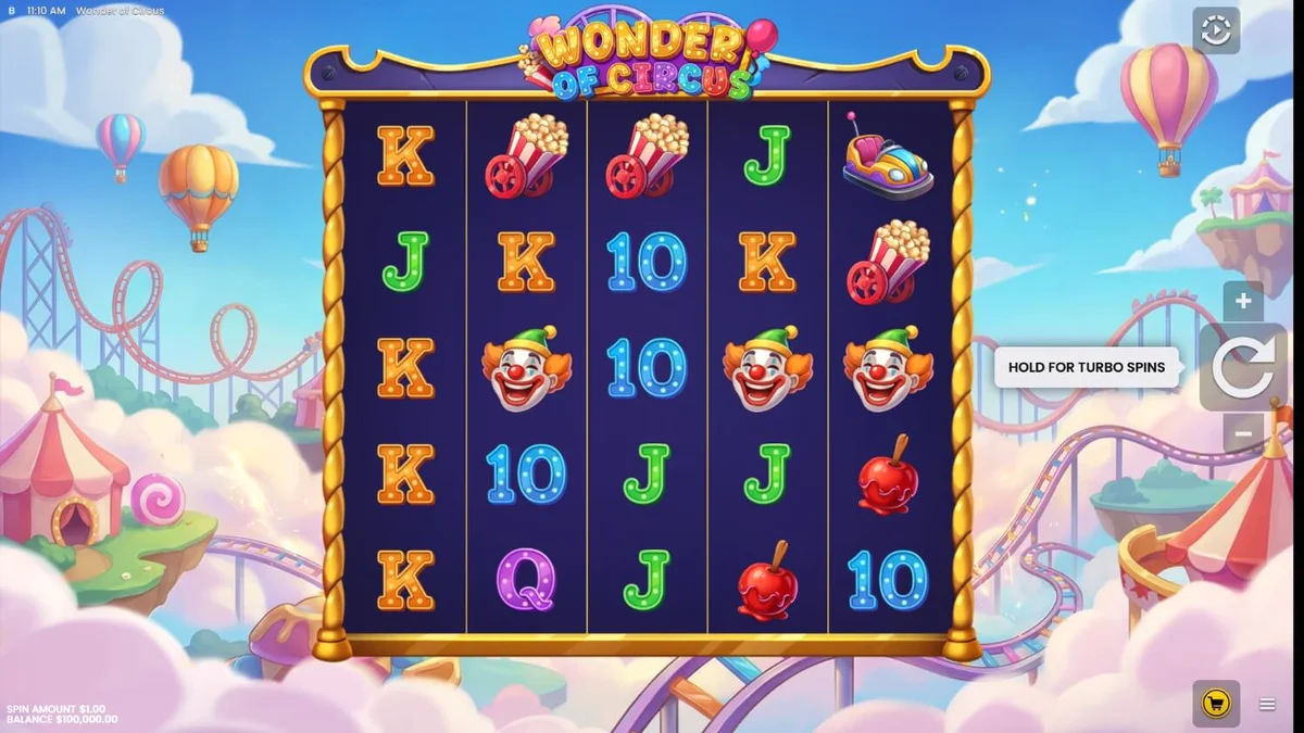 Interface do jogo Wonder of Circus com elementos de circo neon