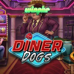 Captura de tela do caça-níqueis Diner Dogs com personagens de estilo noir em um diner iluminado por neon, mostrando a grade de jogo 6x6.